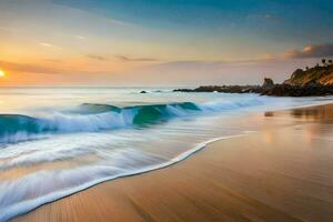 the sun sets over the ocean and waves. AI-Generated photo