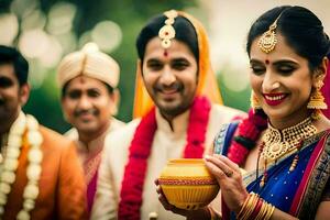 a bride and groom are smiling and holding a yellow pot. AI-Generated photo