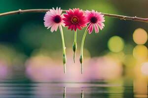 two pink flowers are hanging from a branch over water. AI-Generated photo