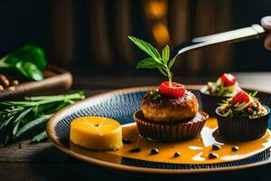 a person is holding a knife and fork over a dessert. AI-Generated photo