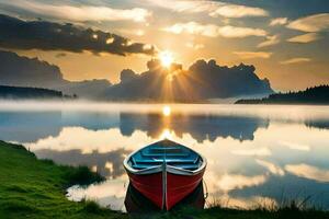 el barco en el lago. generado por ai foto