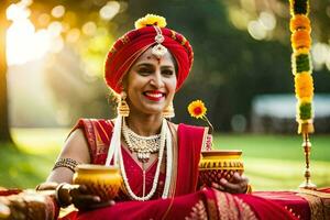 a woman in traditional indian attire holding a gold cup. AI-Generated photo