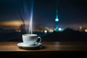 a cup of coffee on a table in front of a cityscape. AI-Generated photo