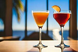 two glasses of cocktails on a table with the ocean in the background. AI-Generated photo