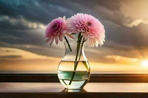 photo wallpaper the sky, flowers, sunset, the sea, flowers, water, water bottle,. AI-Generated