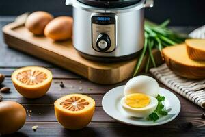 an electric pressure cooker with eggs, oranges and cheese. AI-Generated photo