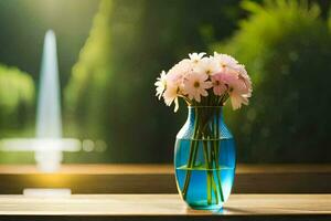 a blue vase with pink flowers sitting on a table in front of a fountain. AI-Generated photo