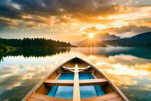 the boat is floating on the calm lake at sunset. AI-Generated photo