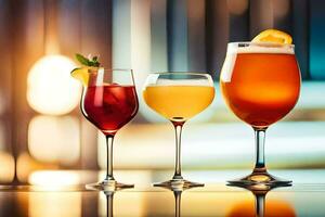 three different types of alcoholic drinks on a bar. AI-Generated photo