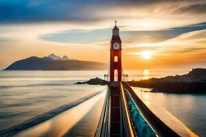 a red clock tower in the middle of the ocean. AI-Generated photo