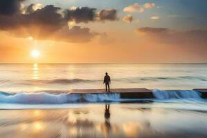 the man stands on the edge of the water at sunset. AI-Generated photo