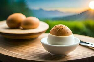 eggs in a bowl with a view of the mountains. AI-Generated photo