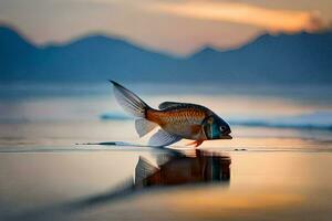 un pescado es caminando en el playa a puesta de sol. generado por ai foto