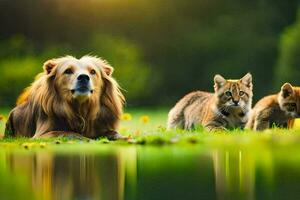 un león y dos gatitos sentado en el césped. generado por ai foto