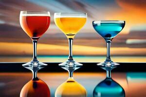 three glasses of different colored drinks on a table. AI-Generated photo