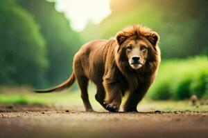 un león caminando en un suciedad la carretera en el medio de un bosque. generado por ai foto