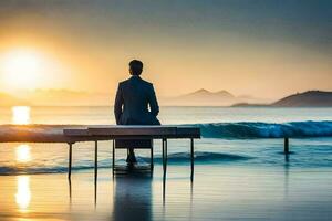 a man in a suit sits on a bench at the beach. AI-Generated photo