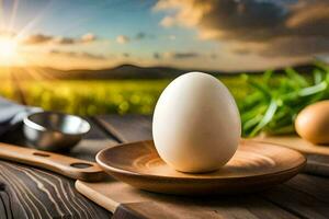 un huevo en un de madera plato con un cuenco de huevos y un cuchillo. generado por ai foto