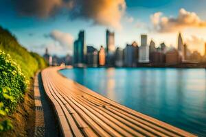 a wooden boardwalk leads to a city skyline. AI-Generated photo