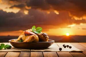 chicken in a bowl with herbs and spices on a wooden table. AI-Generated photo