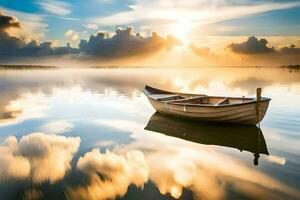 a boat floating on the calm water with clouds reflecting in the water. AI-Generated photo