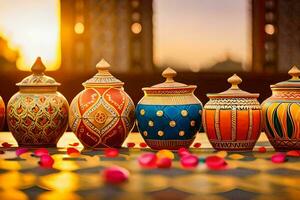 five colorful pots on a table with a sunset in the background. AI-Generated photo