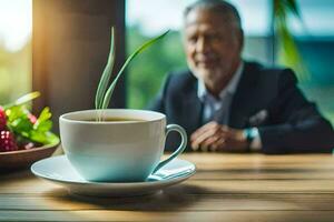 a man in a suit sitting at a table with a cup of coffee. AI-Generated photo