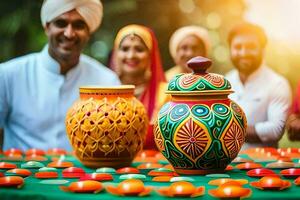 indian people with colorful vases and candles. AI-Generated photo