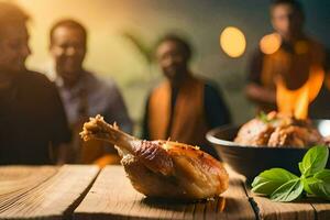 a group of people standing around a table with a roasted chicken. AI-Generated photo