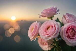 pink roses are in front of the sun. AI-Generated photo