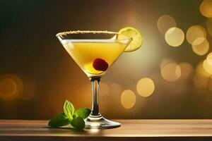 a cocktail with lemon and mint on a wooden table. AI-Generated photo