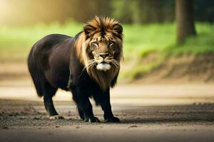 un león caminando en un suciedad la carretera en el medio de el día. generado por ai foto
