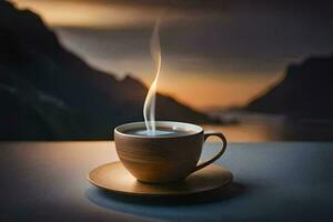 a cup of coffee on a table with a view of the mountains. AI-Generated photo