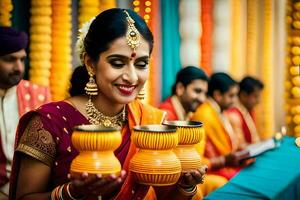 a woman in a sari holding yellow cups. AI-Generated photo