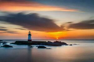 a lighthouse is seen in the sunset with a long exposure. AI-Generated photo