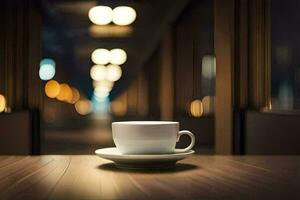 a coffee cup sits on a table in front of a train. AI-Generated photo