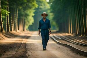 a man in a hat walks down a dirt road. AI-Generated photo