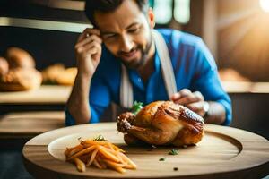 a man is eating a roasted chicken on a plate. AI-Generated photo