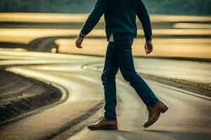 a man walking on a road in the middle of the day. AI-Generated photo