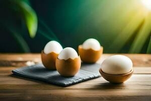 huevos en un de madera mesa. generado por ai foto