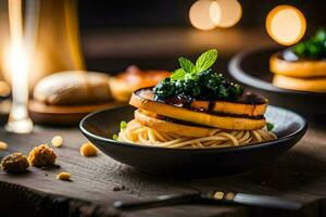 spaghetti with squash and spinach on a wooden table. AI-Generated photo