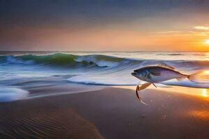 a fish is caught by a fisherman on the beach at sunset. AI-Generated photo