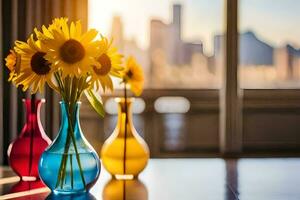 sunflowers in colorful vases on a table with a city view. AI-Generated photo