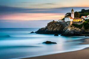 a lighthouse on a rocky cliff overlooking the ocean. AI-Generated photo