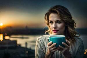 a woman holding a cup of coffee in front of the sunset. AI-Generated photo