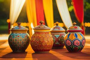 three colorful vases on a wooden table. AI-Generated photo