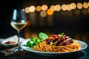 spaghetti with tomato sauce and black olives on a plate. AI-Generated photo