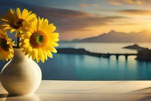 sunflowers in a vase on a table with a view of the sea. AI-Generated photo