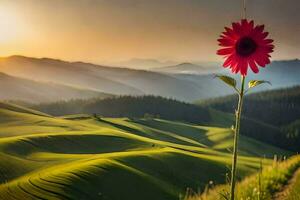 a red flower stands in the middle of a field with mountains in the background. AI-Generated photo