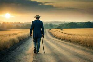 a man in a suit walks down a dirt road. AI-Generated photo